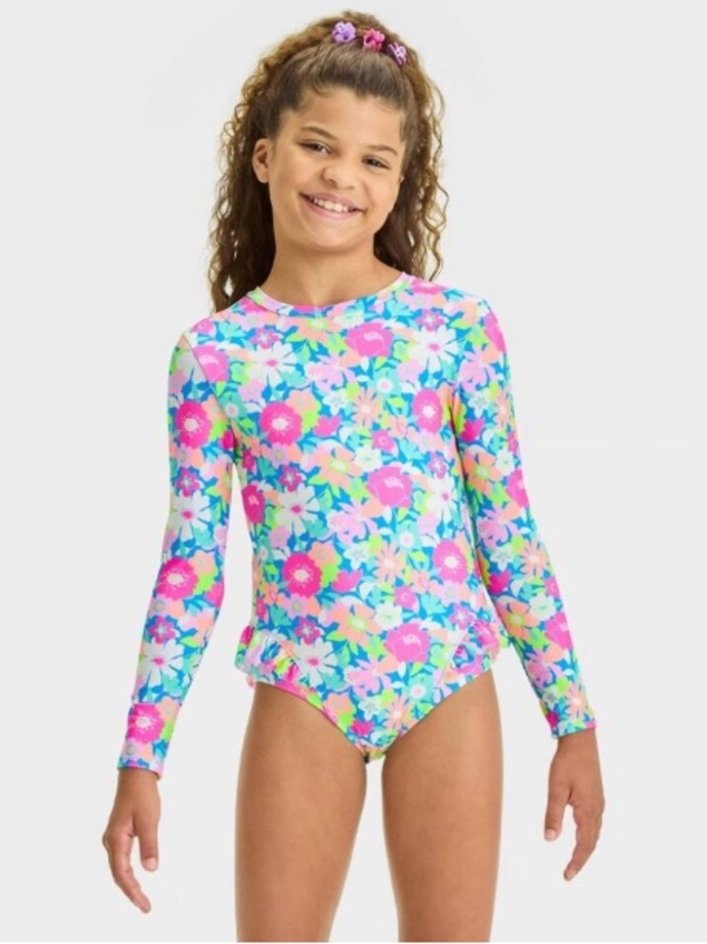 NEW - CAT & JACK Girls' Floral Printed Long Sleeve One Piece Rash Guard | XS 4-5